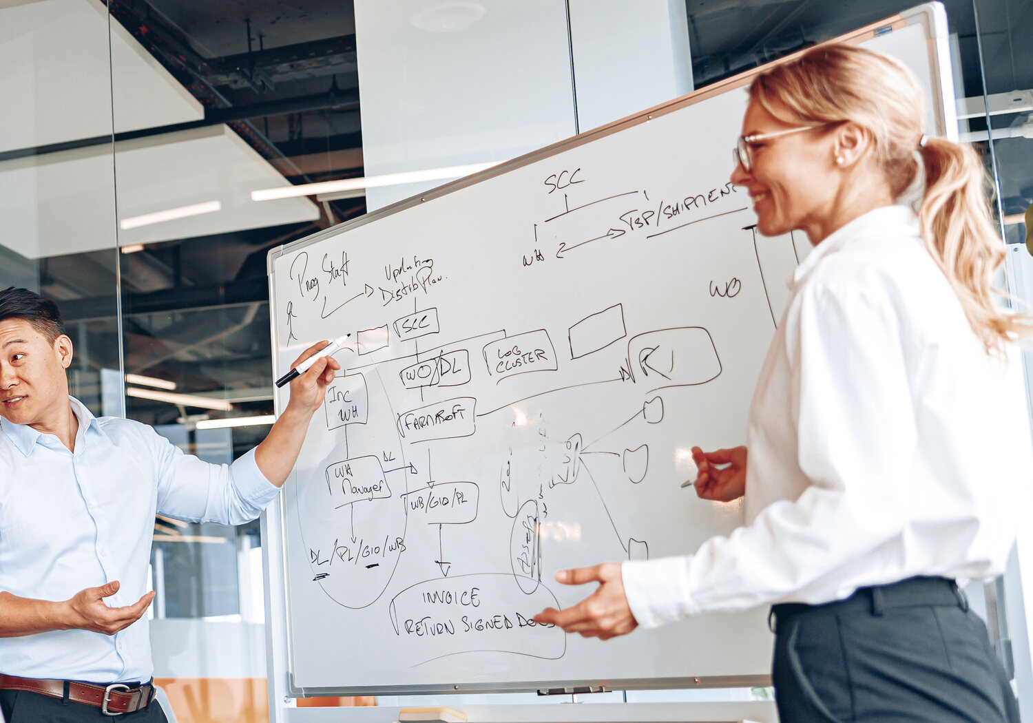 Two colleagues working through a data model sketched on a whiteboard