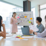 A team working through a migration plan at a whiteboard covered in sticky notes