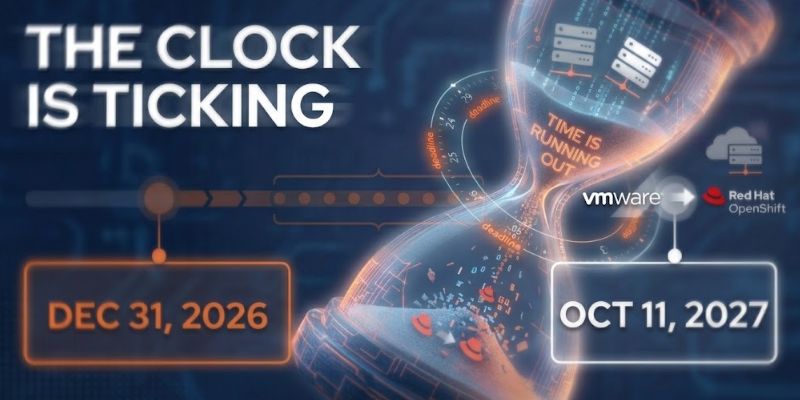 Timeline showing the gap between Red Hat's OpenShift Virtualization promotion deadline of December 31, 2026 and VMware vSphere 8 end of general support on October 11, 2027