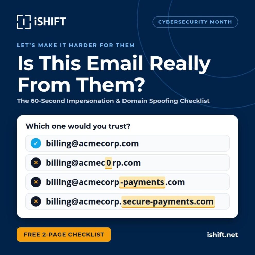 Cover for the 60-second impersonation and domain spoofing checklist, showing four lookalike billing addresses with only one marked as genuine